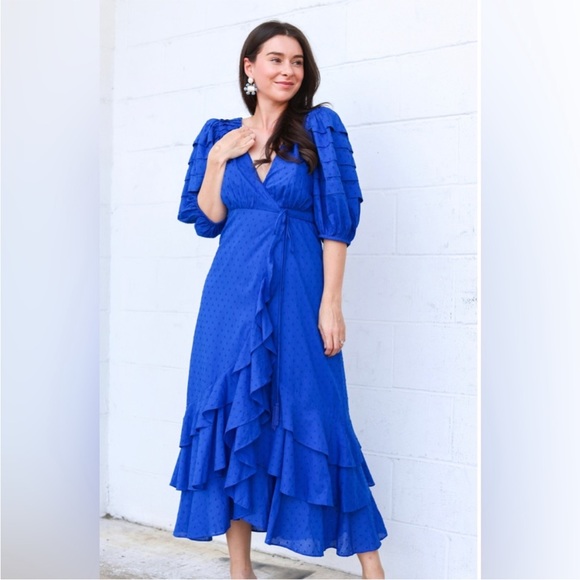 NWT Farm Rio Blue Ruffle Wrap Dress Size S - Picture 7 of 10
